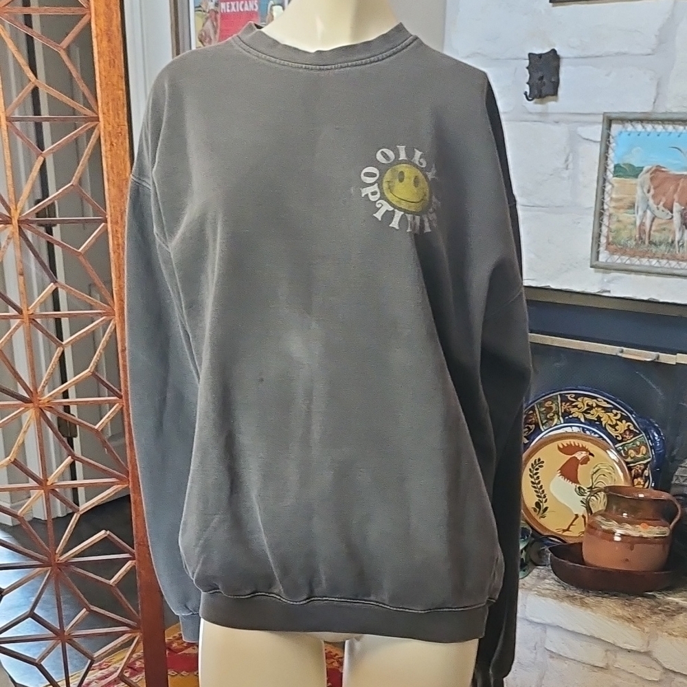 Pepper & Rose Oversized Faded Grey Cotton Sweatshirt OILY OPTIMIST Smiley Face L